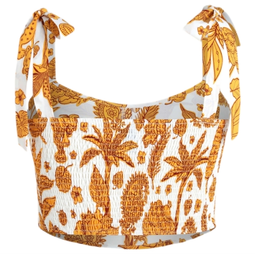 Cider boho tropical tiger gold white tie strap crop tank top 1XL smocked back - Picture 8 of 9